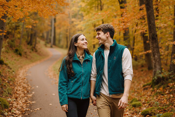 Happy couple walking in autumn forest, enjoying fall colors and nature, expressing love and connection