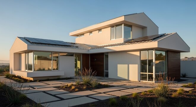 Futuristic cube-style home with rooftop solar panels and minimalist courtyard, morning light architectural photography for modern sustainable stock imagery