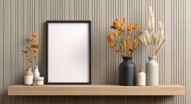 Empty frame on wooden shelf, autumnal decor