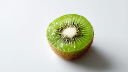 Freshly sliced kiwi fruit closeup with vibrant green flesh and tiny seeds, highangle exposure on white background, juicy and refreshing look, copy space for text