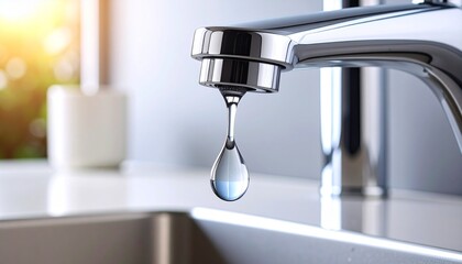 Close-up of sleek metallic kitchen faucet with single water droplet mid-air—highlighting modern design, water conservation, and dynamic stillness in a clean, contemporary setting.