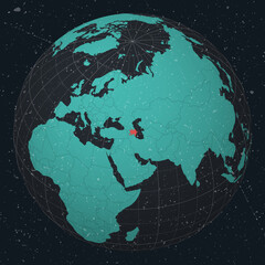 Azerbaijan on Globe. Vintage look with grunge scratched texture. Country view on world map in Dark Charcoal Turquoise color palette. Azerbaijan shape on map. Globe with meridians and parallels.