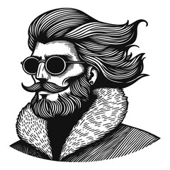 Portrait of bearded man in round sunglasses, flowing hair retro glasses collared coat.