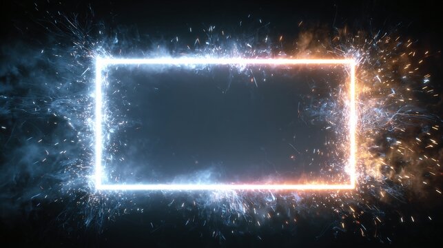 A vibrant, glowing rectangle frame, bordered by energetic sparks of blue and orange, against a dark backdrop.