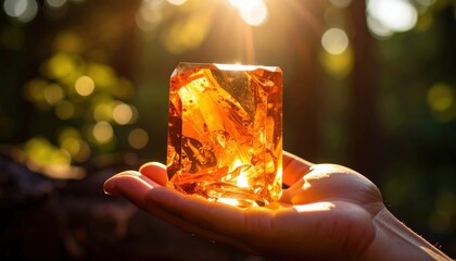 Amber Gemstone Held In Hand Outdoors