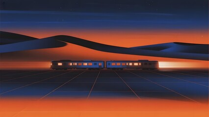 Train traversing a surreal landscape under a gradient sky