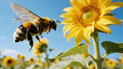 Honeybee in Flight Near a Vibrant Sunflower