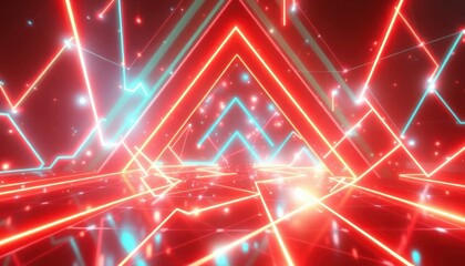 Bright neon red and blue geometric shapes create a futuristic tunnel effect with a dark background and glowing particles, offering a modern and abstract vibe.