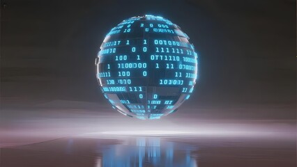 Glowing digital sphere with binary code, reflecting on a smooth surface