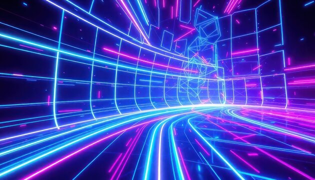 Dynamic neon light tunnel with glowing blue and pink lines, representing modern technology, virtual reality, and digital data flow. Ideal for tech, gaming, or futuristic concepts.