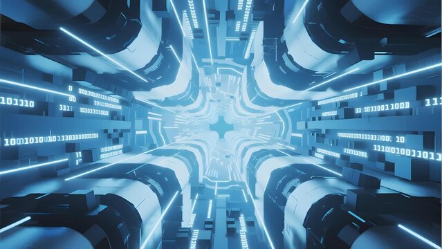 Futuristic Corridor with Blue Lighting and Binary Code Panels - Powered by Adobe