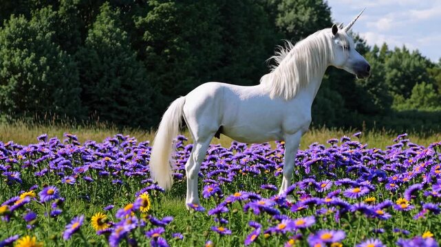unicorn with a long white mane and horn stands in a field of purple and yellow flowers, and trees