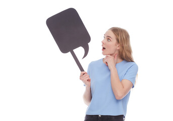emotional woman showing empty signboard with copy space isolated on white