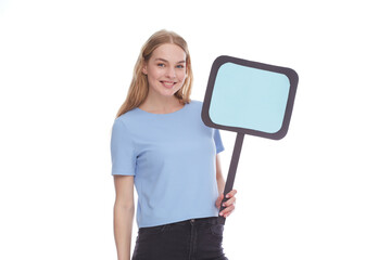 Woman holding a blank billboard isolated on white background