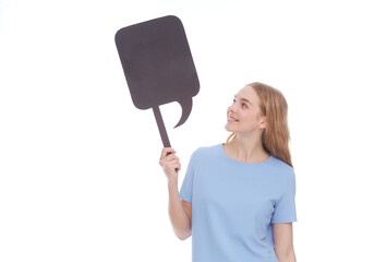 Woman holding a blank billboard isolated on white background