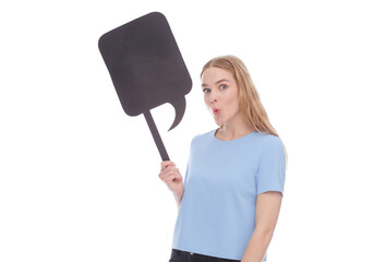 emotional woman showing empty signboard with copy space isolated on white
