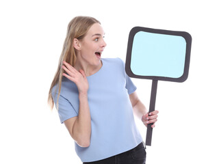 Very happy excited, businesswoman showing blank banner signboard. Success and advertising concept. Copy space empty place for some advertisement ad text.