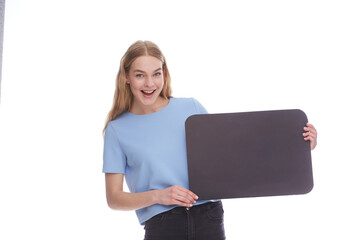 Very happy excited, businesswoman showing blank banner signboard. Success and advertising concept. Copy space empty place for some advertisement ad text.