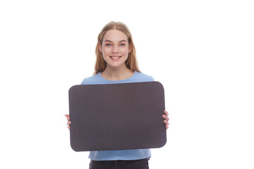 Woman holding a blank billboard isolated on white background