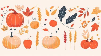 Naklejka premium Mabon, Modern flat design illustration, autumn harvest elements collection, stylized pumpkins, leaves, apples, wheat, minimalist geometric shapes, warm fall color scheme