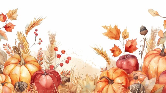 Watercolor illustration of Mabon harvest scene, autumn leaves, pumpkins, apples, wheat sheaves, corn, acorns, soft watercolor textures, warm fall color palette, hand-painted style