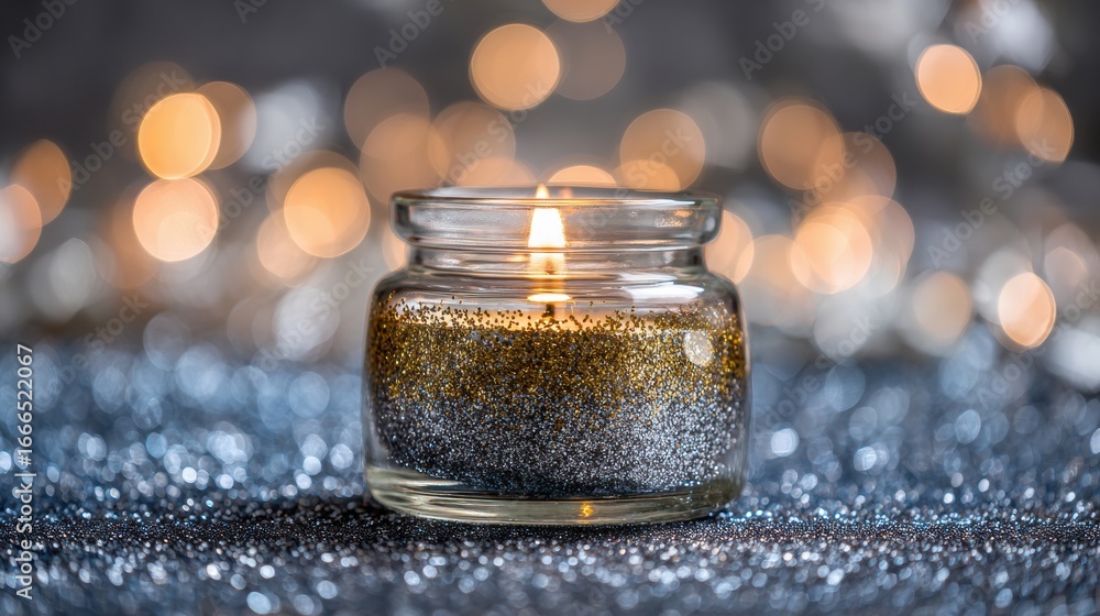 Poster sparkling candle in a glass jar illuminating a festive setting with soft bokeh lights