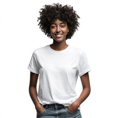 A black woman in a plain white t-shirt poses against a white background, offering a clean mockup for custom apparel design.