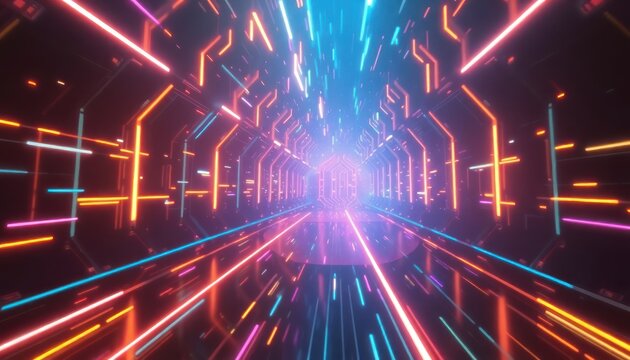 Abstract futuristic cyber tunnel with glowing neon lights, symbolizing data flow, speed, and digital connectivity. Ideal for technology, gaming, or virtual reality concepts.