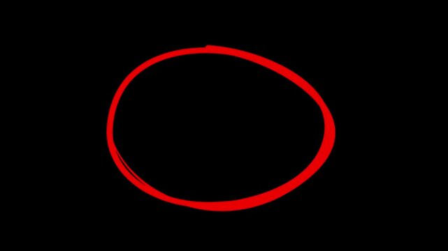 Hand-drawing oval frame circle animation black background, circle highlights with transparent background, Animated red circle drawn, marker pen style, Red circle spotted with arrow highlight