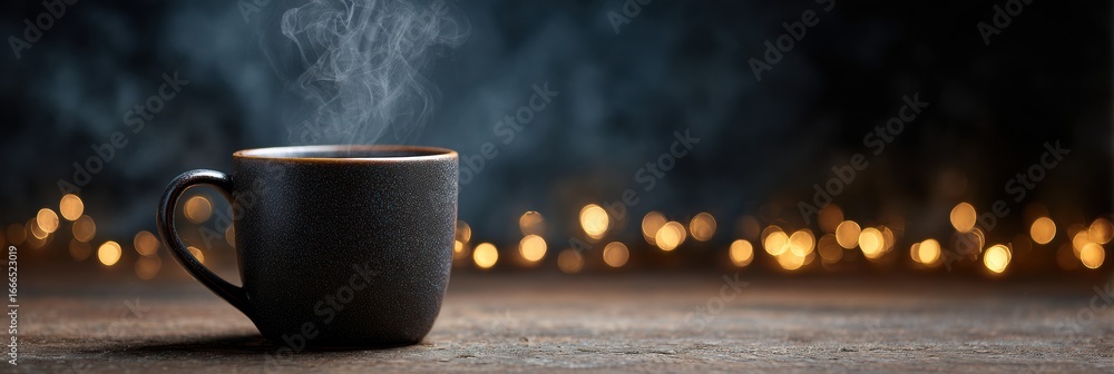 Poster steaming black coffee cup on rustic wooden table with warm bokeh lights in the background during a c