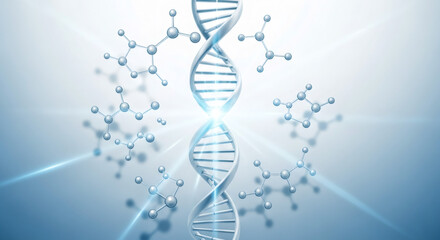 Brightly lit dna double helix with molecular structure on gradient background. Genetics research and biological science concept. Biology discovery.