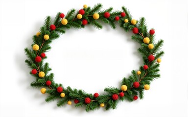 Christmas frame wreath with evergreen fir tree and red and yellow berries isolated on white. High quality