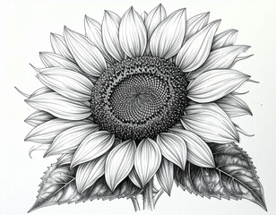 Detailed monochrome drawing of a sunflower with intricate petal and center details, accompanied by two leaves.