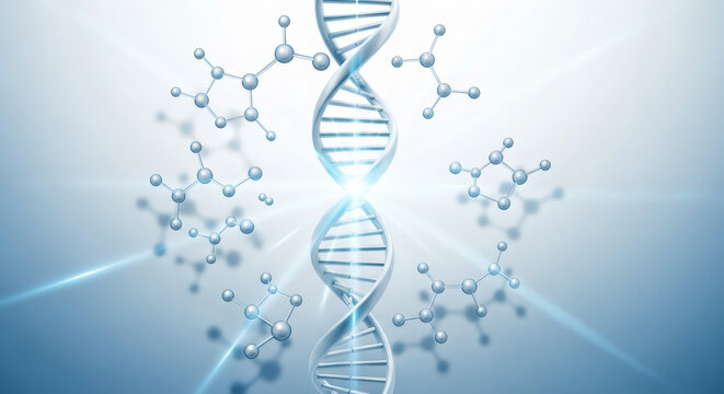 Brightly lit dna double helix with molecular structure on gradient background. Genetics research and biological science concept. Biology discovery.