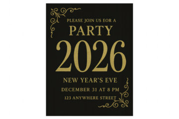 Elegant black and gold 2026 new year's eve party invitation on transparent background