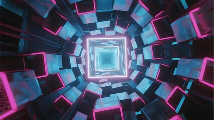 Neon-Lit Cubic Tunnel with Geometric Patterns