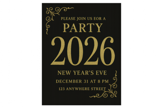 Elegant black and gold 2026 new year's eve party invitation on transparent background