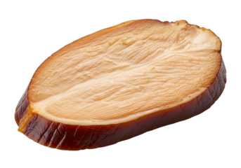 Close-up of a single slice of smoked chicken breast, showcasing its rich color variations and detailed texture against a stark black backdrop.