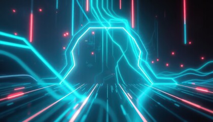 Dynamic abstract background of glowing neon blue and red lines. Represents high-speed data transfer, digital connectivity, and advanced technology. Ideal for business and science concepts.