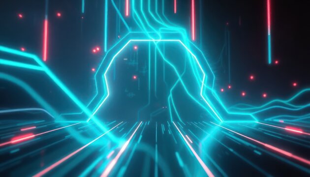 Dynamic abstract background of glowing neon blue and red lines. Represents high-speed data transfer, digital connectivity, and advanced technology. Ideal for business and science concepts.
