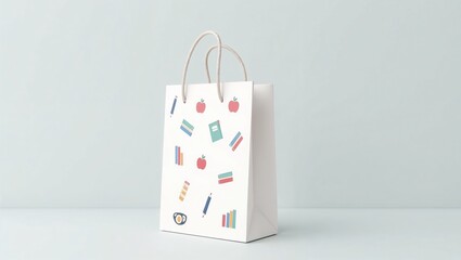 Minimal white gift bag with school-themed icons on light background