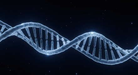 Glowing DNA double helix structure against a dark background. Concept of genetic research and biotechnological innovation. For science.