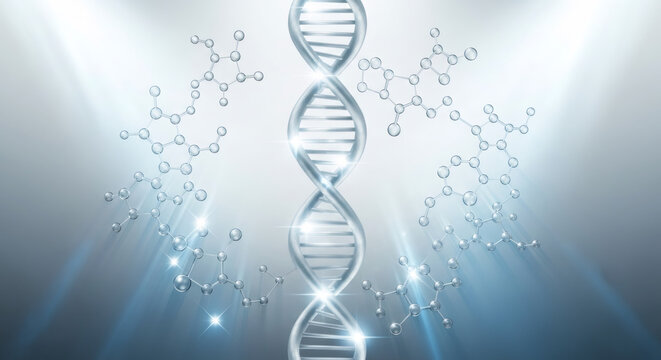 DNA strand and molecular structures on a bright blue background. Science, genetics, and biotechnology concept for research. - Powered by Adobe
