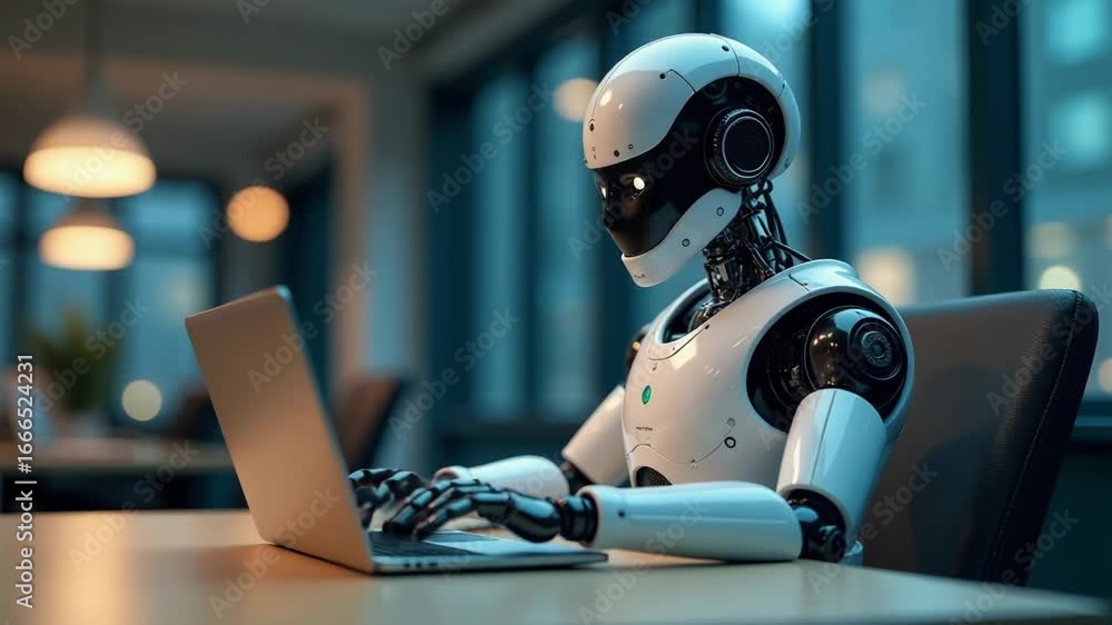 Poster a robot sits at a table with a laptop, indicating productivity and technology