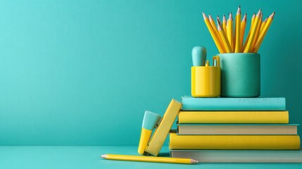 Yellow pencils and stacked books with sharpener on teal background – minimal school supplies, education tools, stationery collection, organized study space, modern desk setup, creative workspace, stud