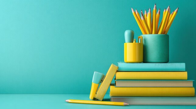 Yellow pencils and stacked books with sharpener on teal background &ndash; minimal school supplies, education tools, stationery collection, organized study space, modern desk setup, creative workspace, stud