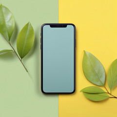 A modern mobile phone, artfully positioned against a vibrant backdrop, is intertwined with fresh green leaves, showcasing a fusion of technology and nature's simplicity. 