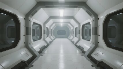 Modern, sleek interior of a futuristic corridor with hexagonal tiles and symmetrical design
