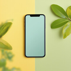 A modern smartphone rests amidst a backdrop of vibrant hues and leafy foliage, offering a refreshing and tech-savvy aesthetic.