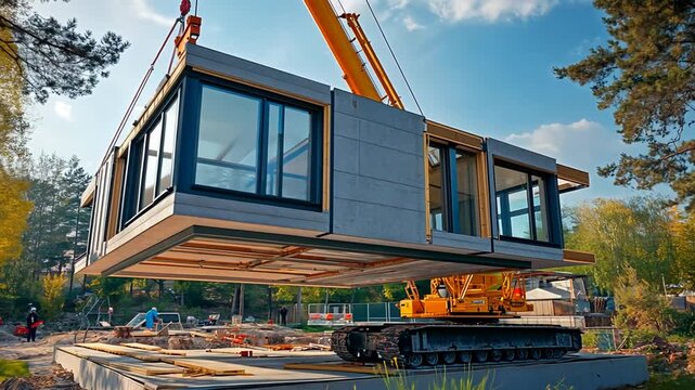 Pre-fabricated house being lifted into place by crane.